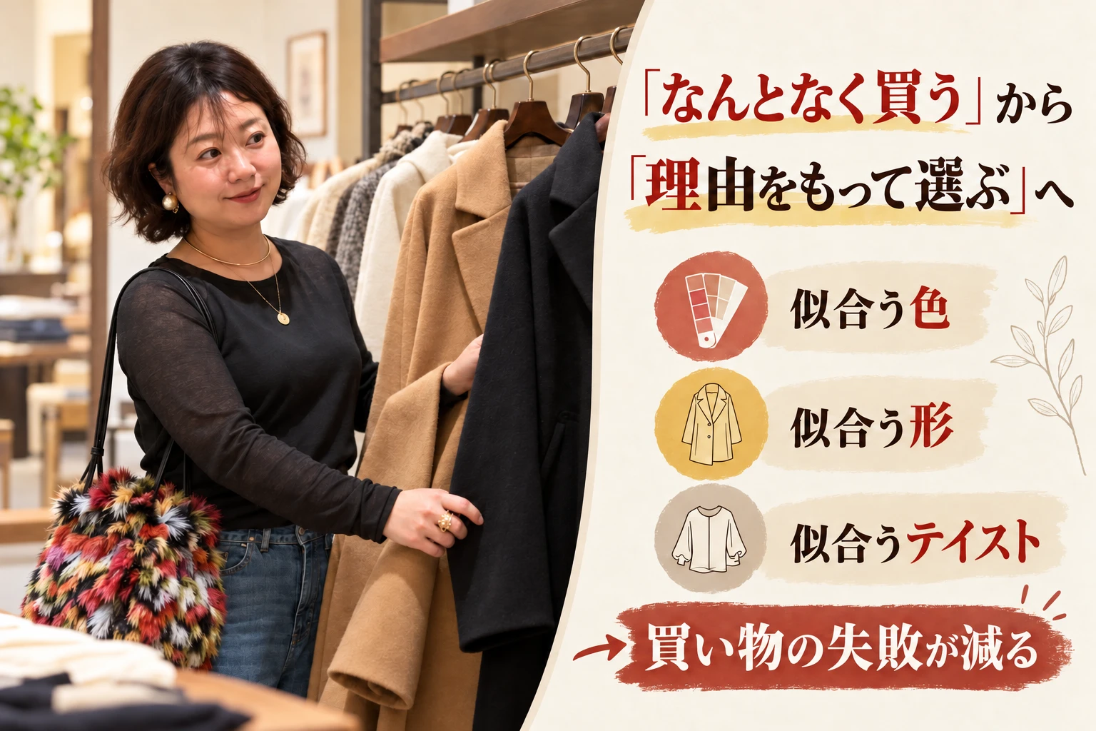 「なんとなく買う」から「理由をもって選ぶ」へ。似合う色・似合う形・似合うテイストで買い物の失敗が減る